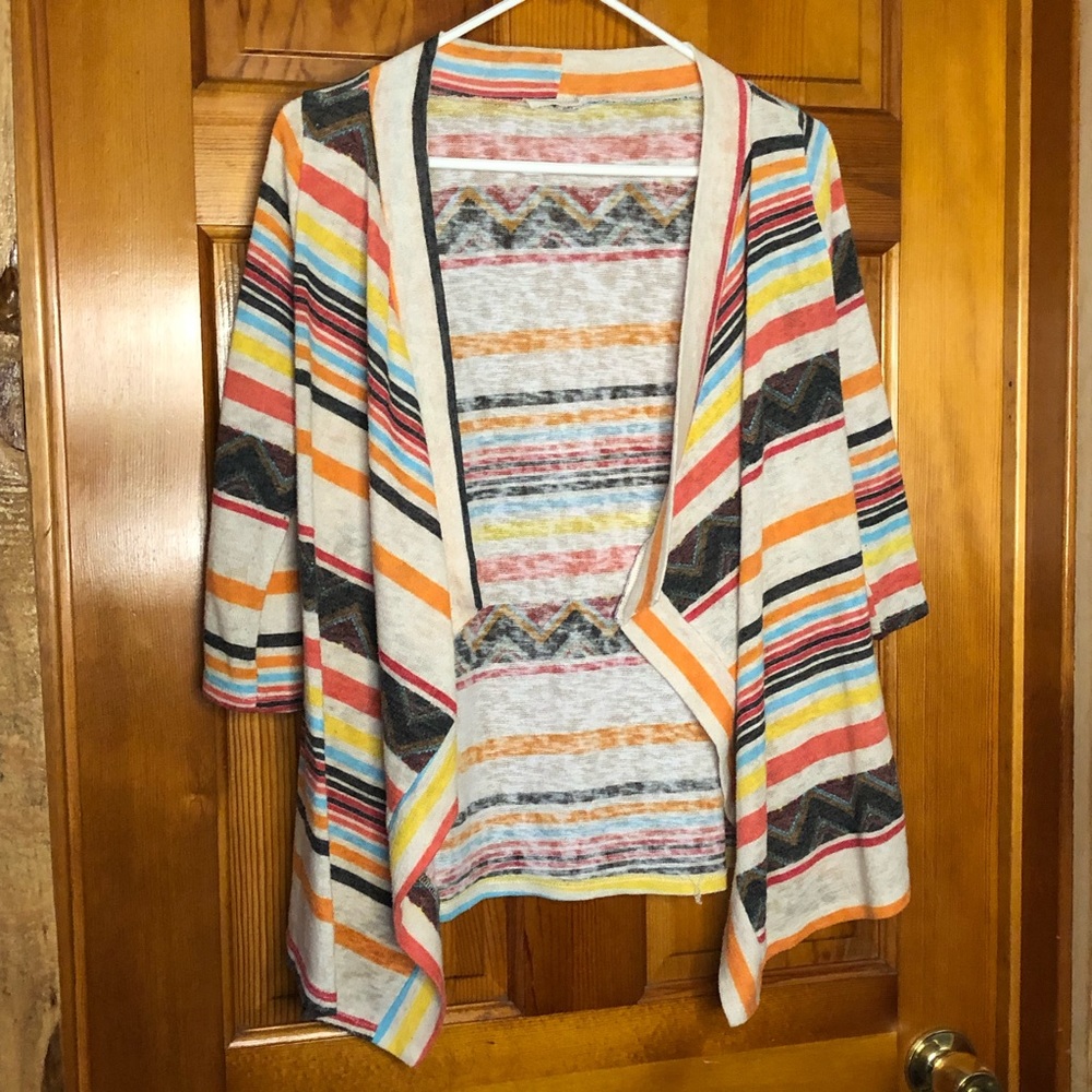 3/4 sleeve cover up open front cardigan light weight multi color striped SMALL
